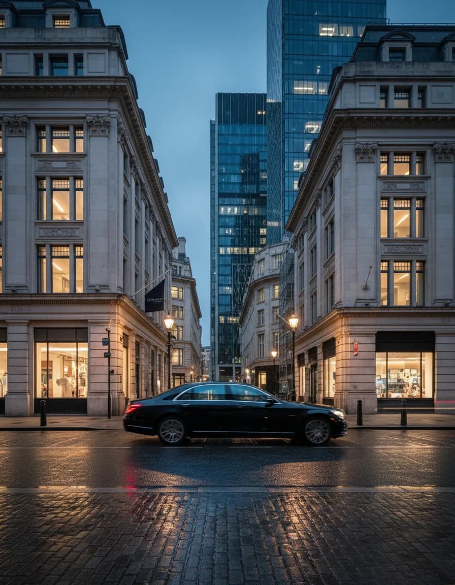 A City of London street at blue hour with a black Mercedes saloon passing