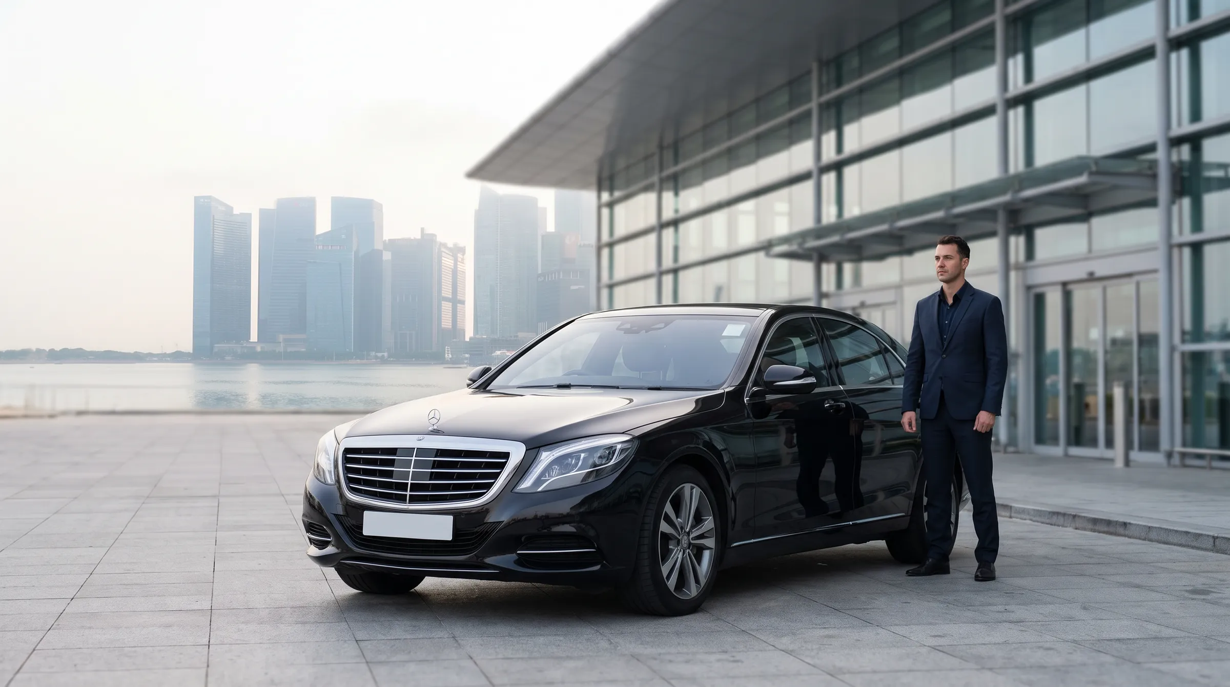 DRVSTAR executive car outside London City Airport with Docklands towers behind