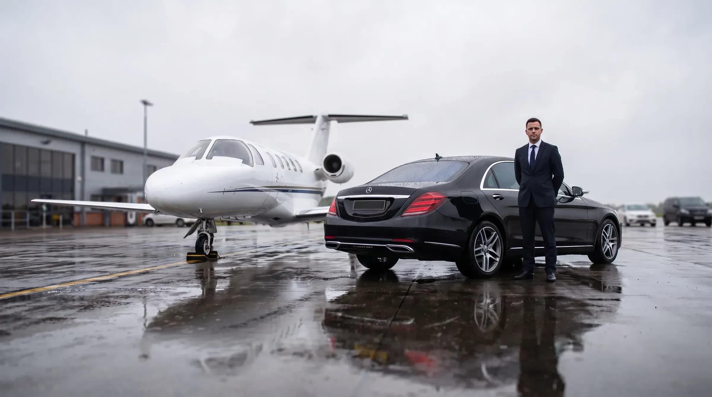 DRVSTAR chauffeur car waiting at a private aviation terminal at Luton