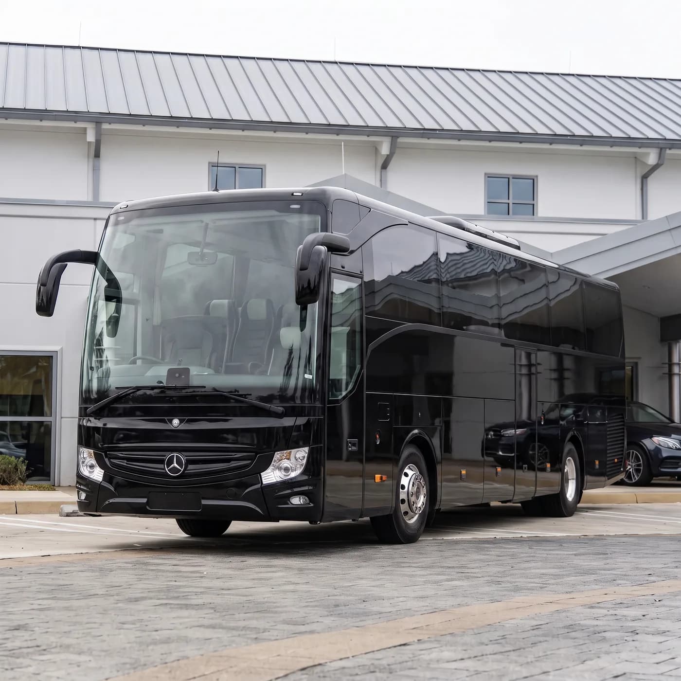 A black Mercedes-Benz executive touring coach for group movements of up to 53 passengers