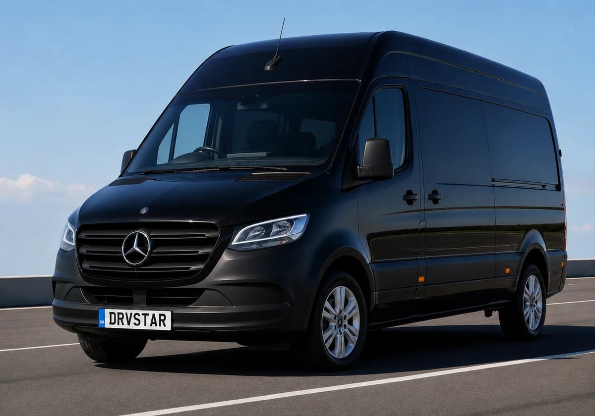 A black Mercedes-Benz Sprinter minibus with a DRVSTAR number plate under a clear sky
