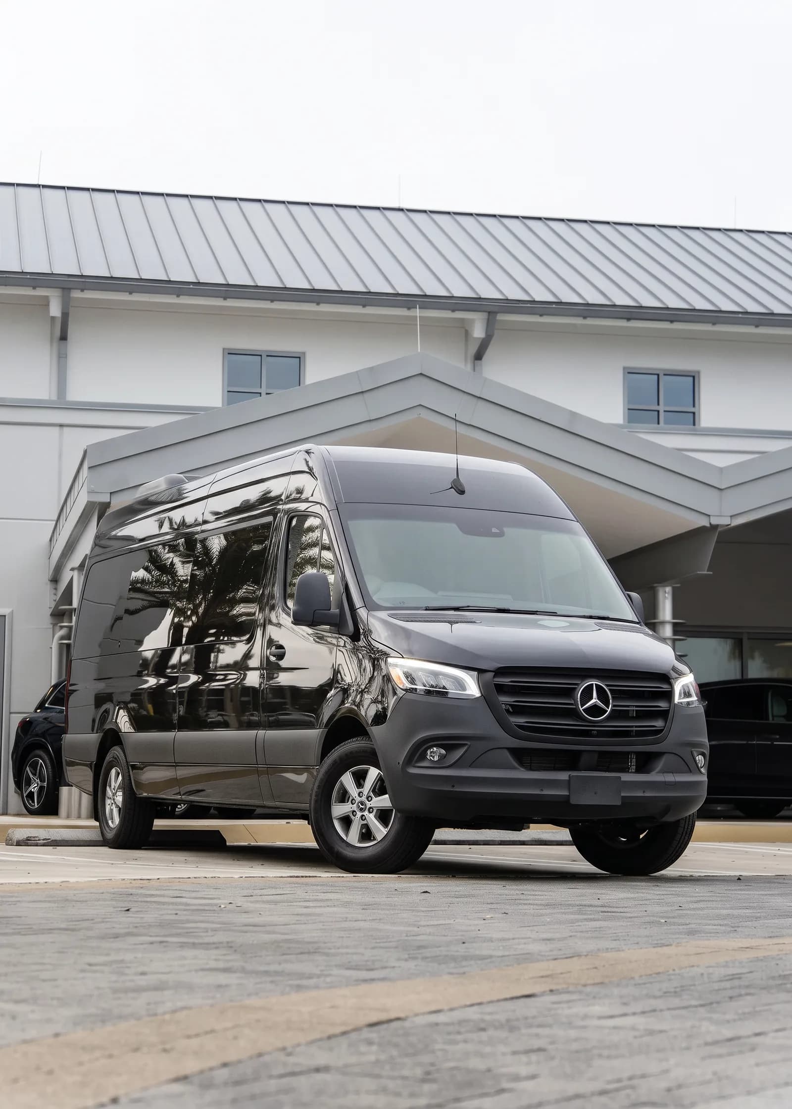 A black Mercedes-Benz Sprinter passenger van in group-luxury configuration for up to 16 passengers