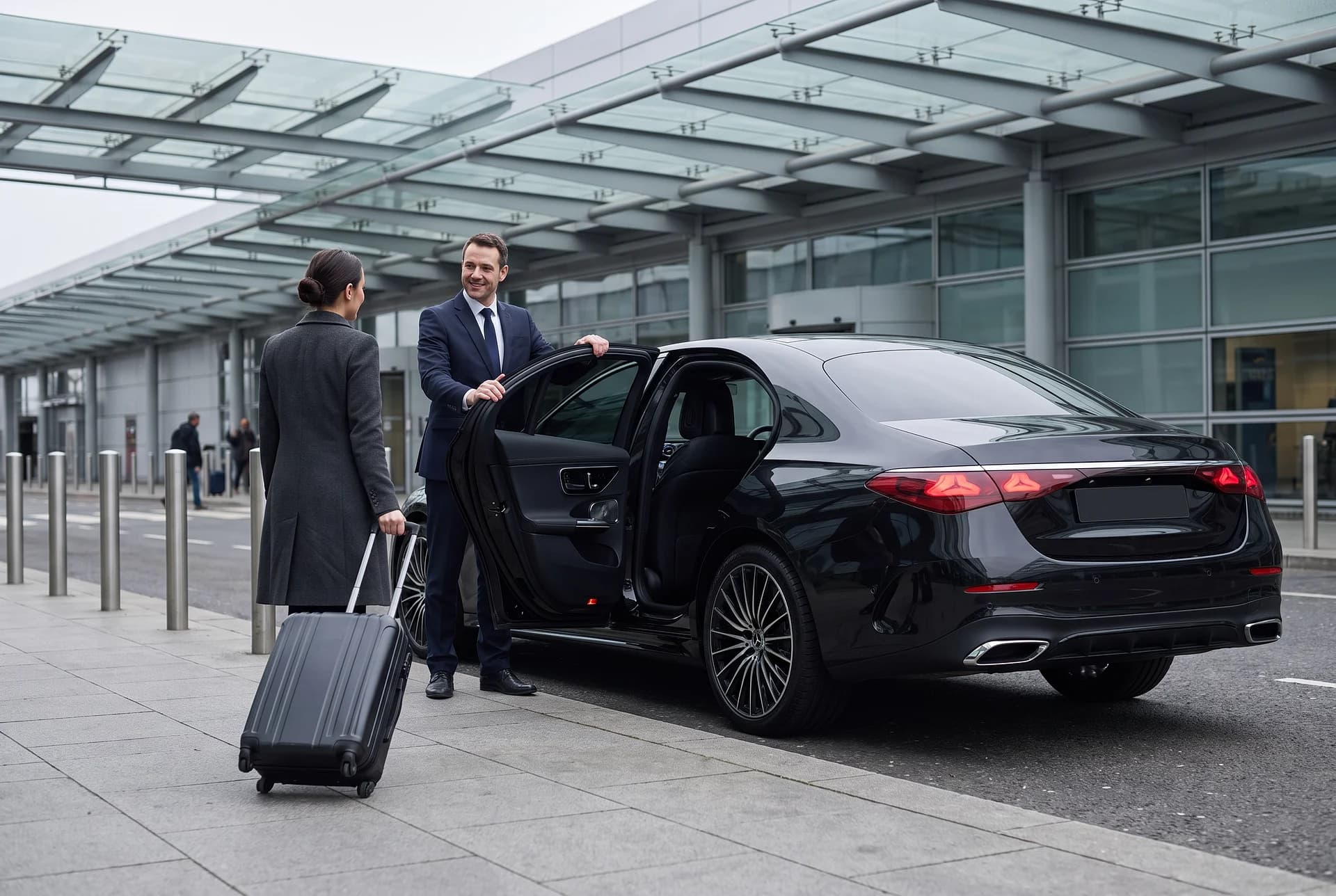 A DRVSTAR chauffeur holding the rear door open for a guest arriving at a glass-fronted terminal building