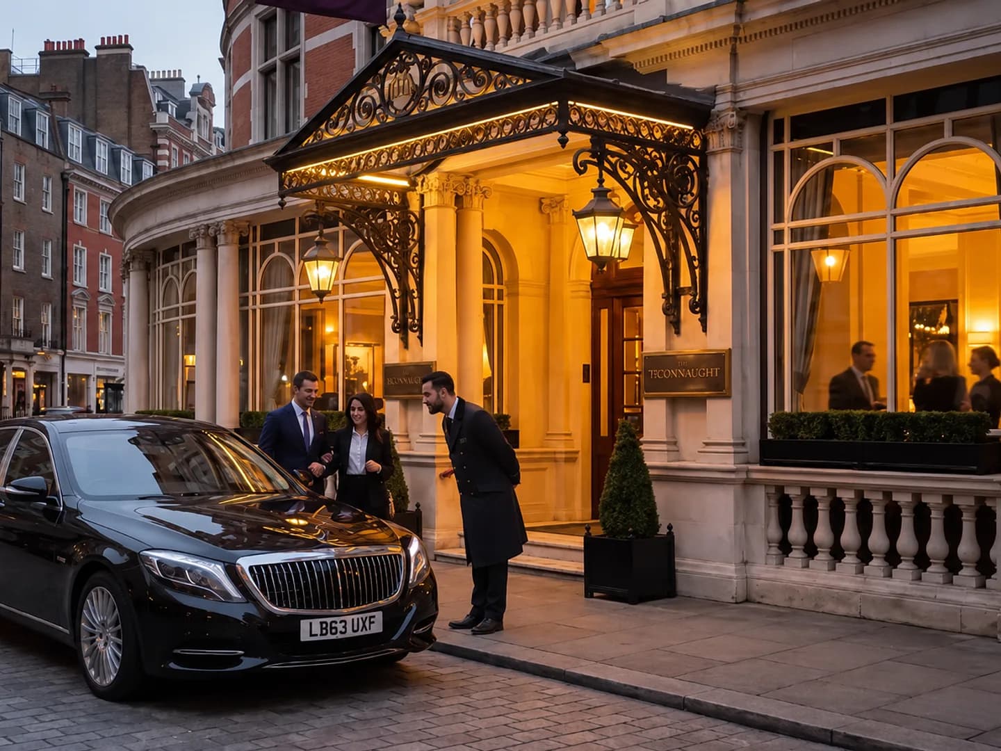 A doorman greeting guests beside a black Maybach outside a Mayfair hotel at dusk