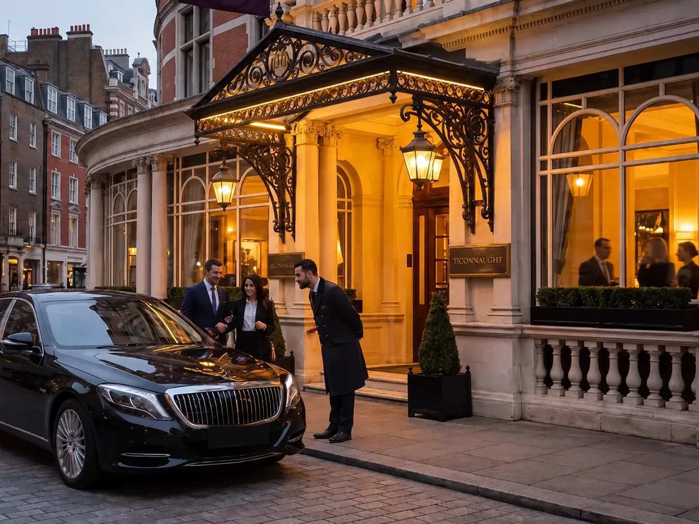 A doorman greeting guests beside a black Maybach outside a Mayfair hotel at dusk