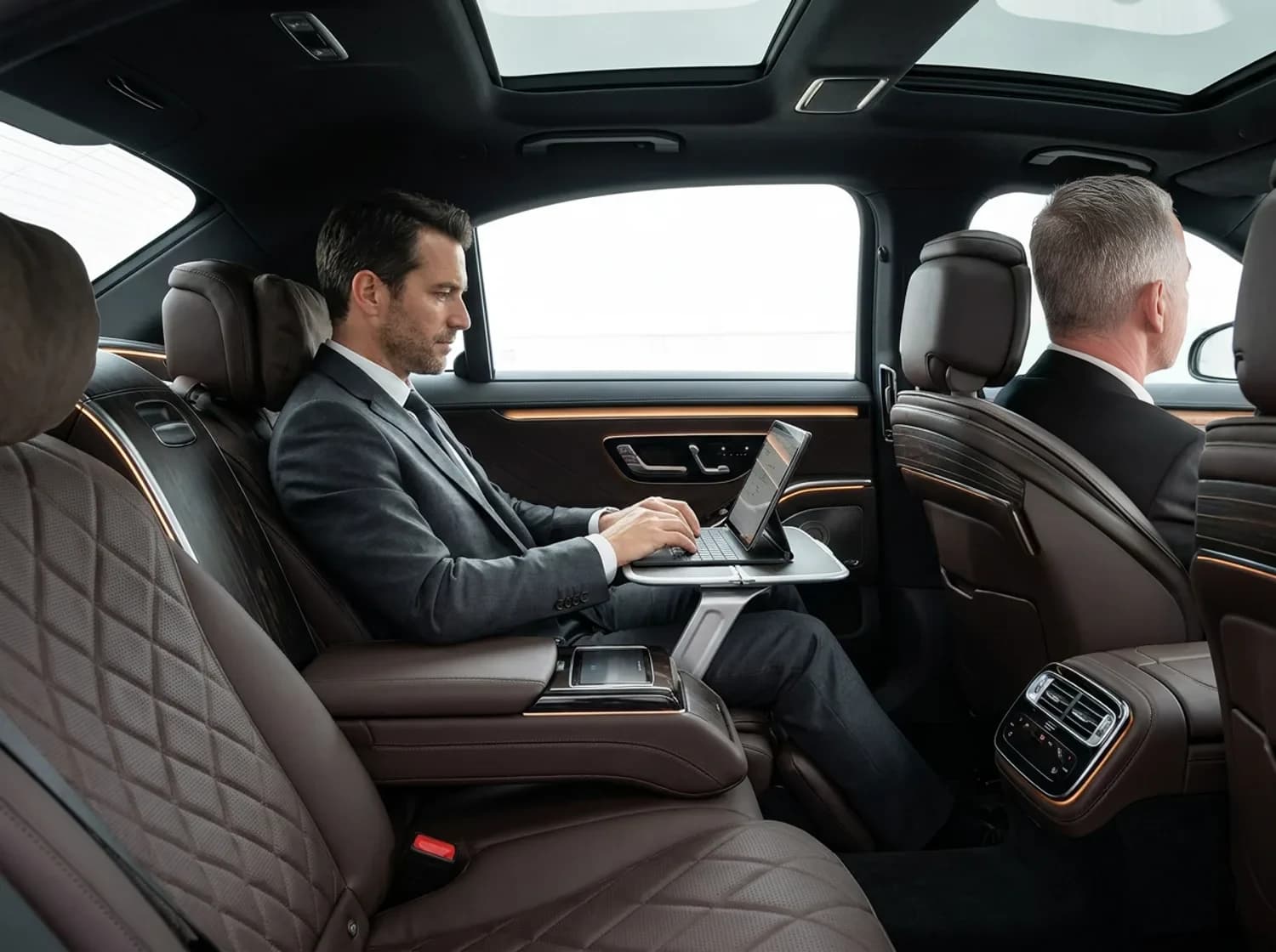 A business executive working on a laptop in the rear cabin of a chauffeur-driven black Mercedes