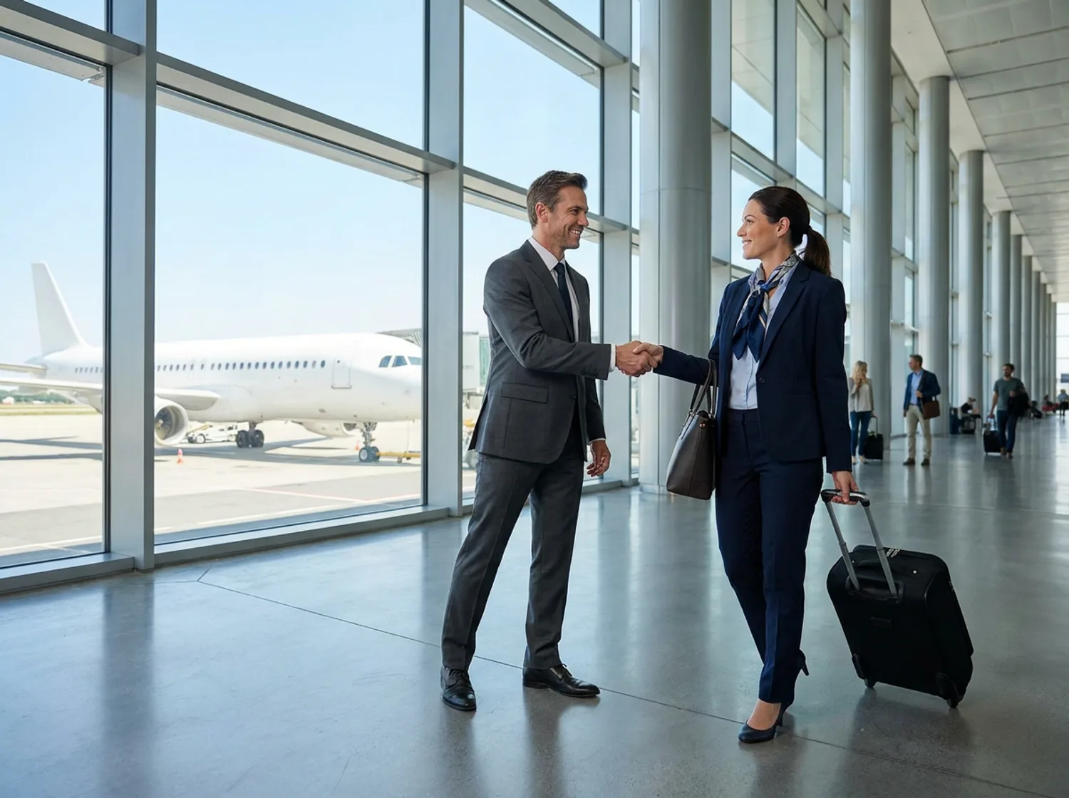 A chauffeur greeting an arriving business traveller with a suitcase at a bright airport terminal