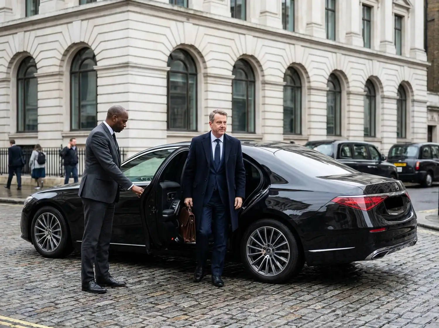 A business executive stepping into a black Mercedes-Benz saloon on a London street, chauffeur holding the door
