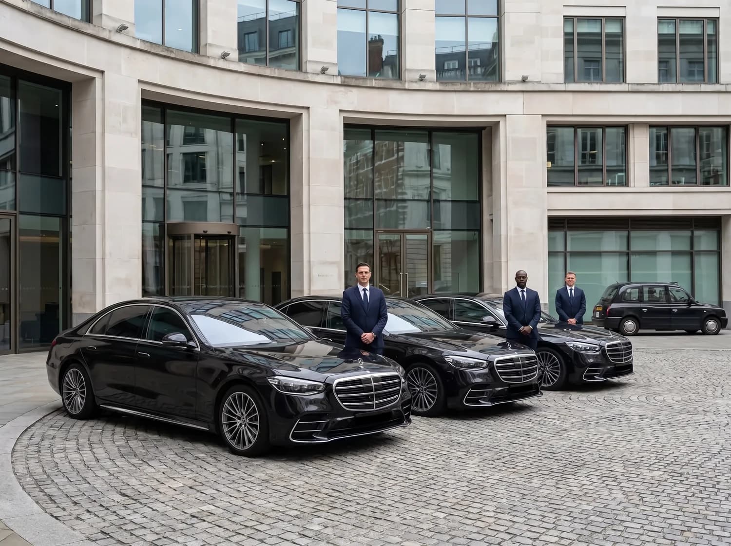 Several black Mercedes-Benz executive cars and chauffeurs lined up outside a London corporate headquarters