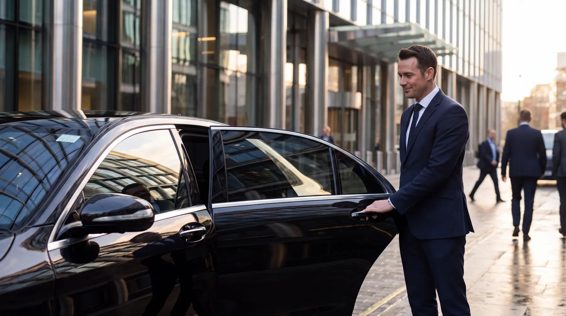A chauffeur in a dark suit opening the rear door of a black Mercedes-Benz S-Class outside a modern London office