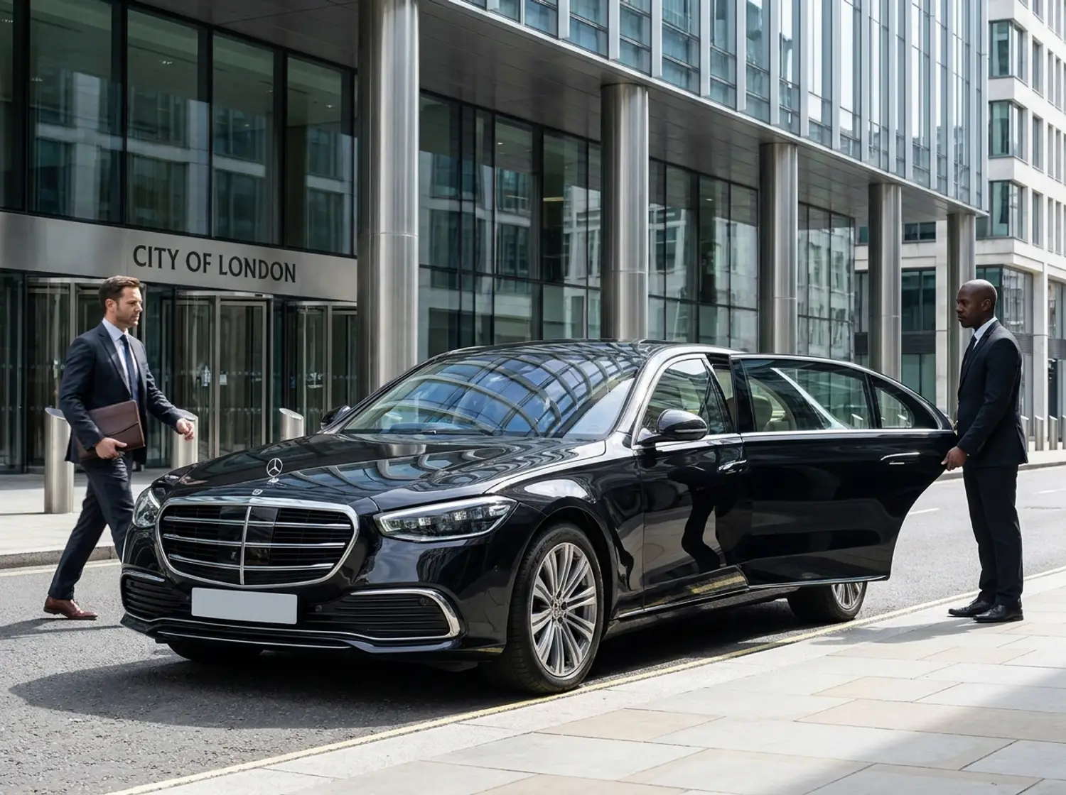 A black Mercedes-Benz executive car waiting outside a City of London office between meetings