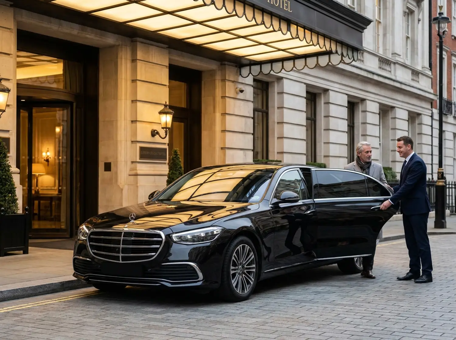 A DRVSTAR chauffeur holding the rear door of an S-Class for a guest outside a London hotel