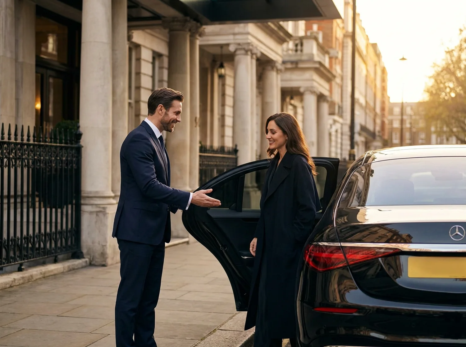 A chauffeur welcoming a VIP guest at a luxury London hotel entrance beside a black executive car