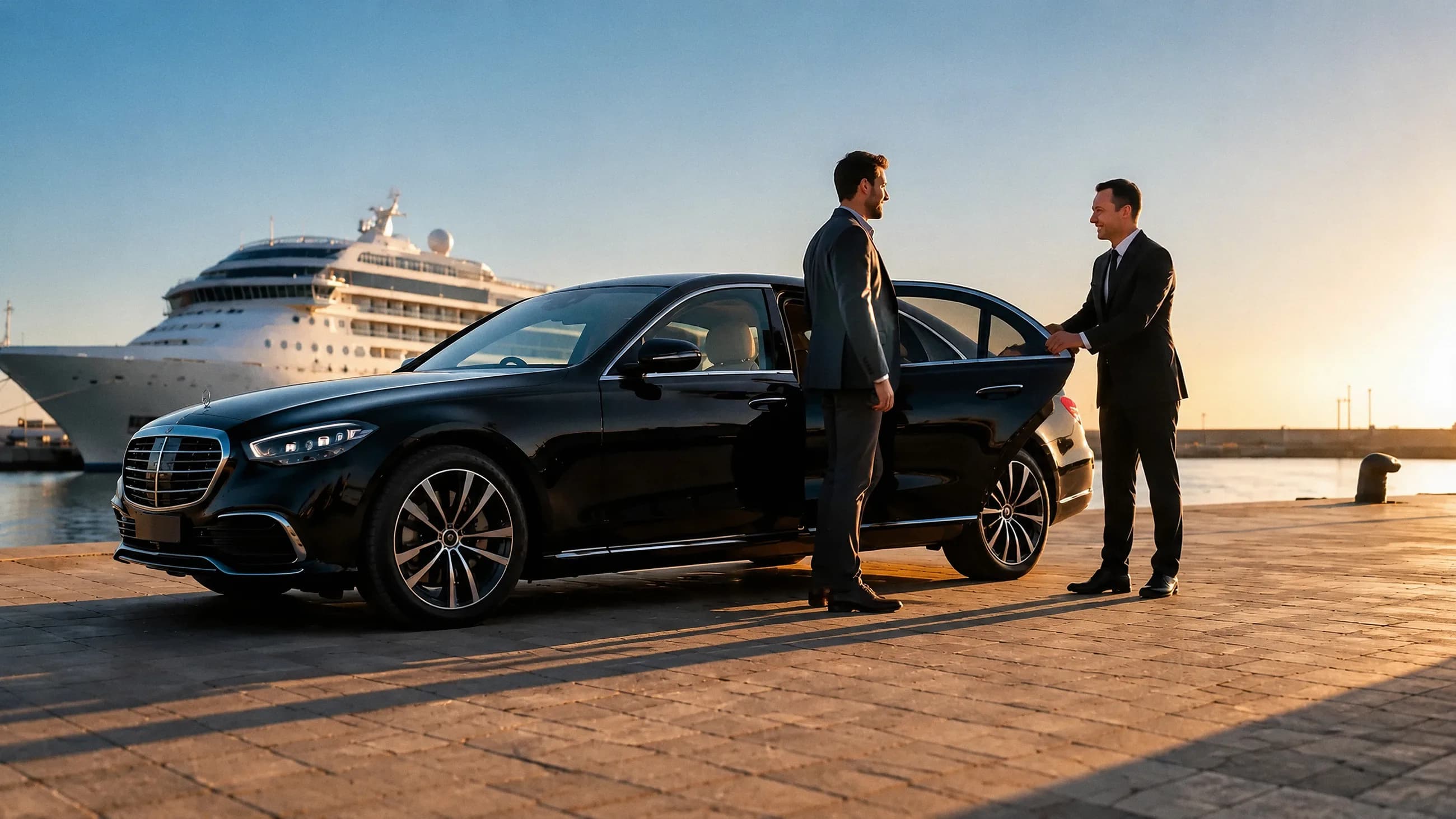 Chauffeur holding the car door for a passenger beside a black saloon at sunset, with a cruise ship berthed behind
