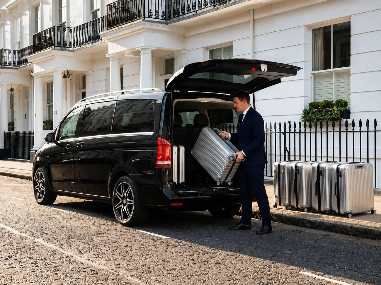 A chauffeur in a dark suit loading aluminium suitcases into the boot of a black Mercedes-Benz V-Class outside a white London townhouse