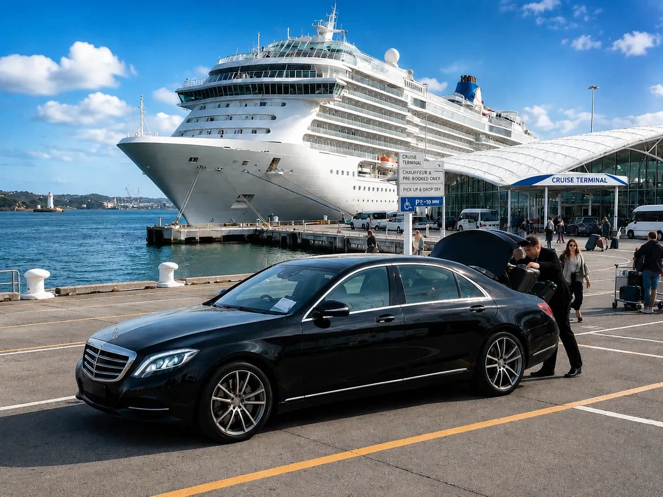 A chauffeur loading luggage into a black Mercedes-Benz S-Class at a cruise terminal, a large cruise ship berthed behind