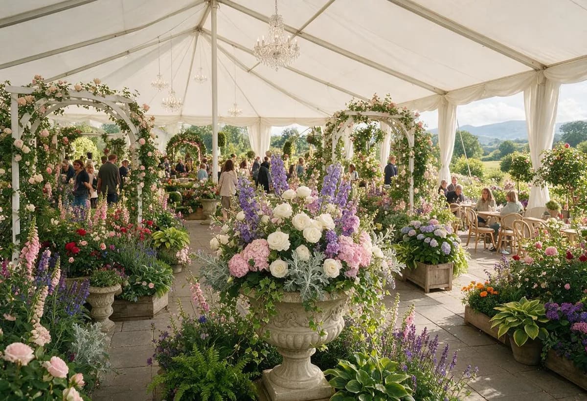 Lavish floral displays under a white marquee at an elegant flower show