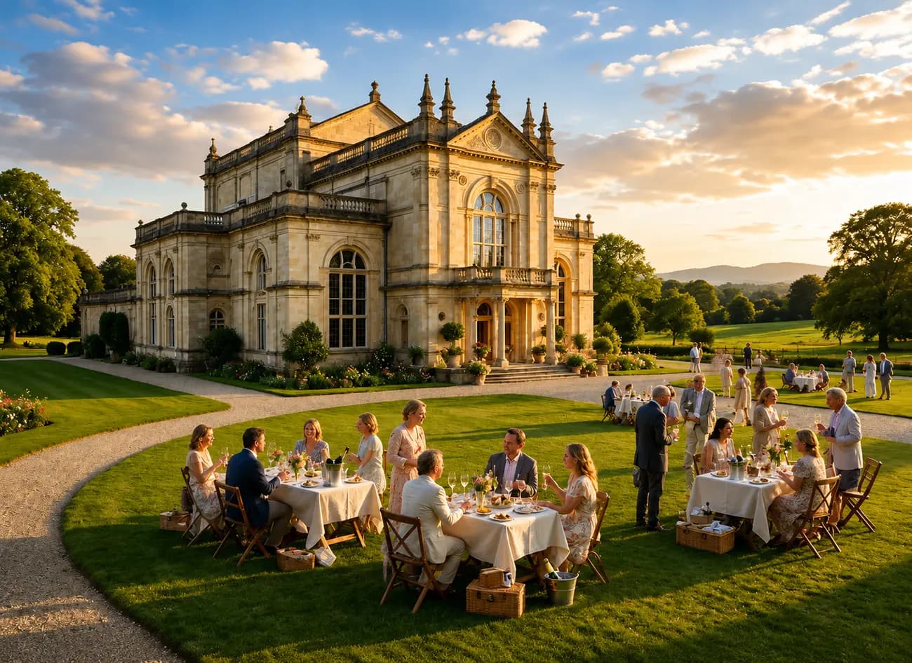 Guests picnicking on the lawns of a grand country opera house at golden-hour dusk