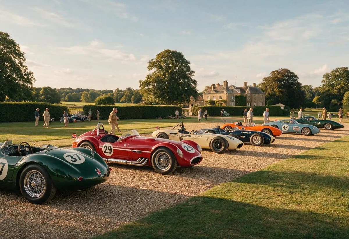Classic racing cars lined up on the lawn of a country estate at a vintage motorsport festival