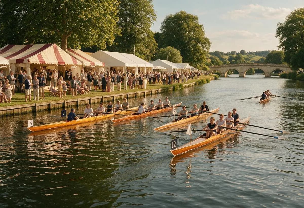 Rowing crews racing at a British summer regatta with spectators and marquees along the riverbank