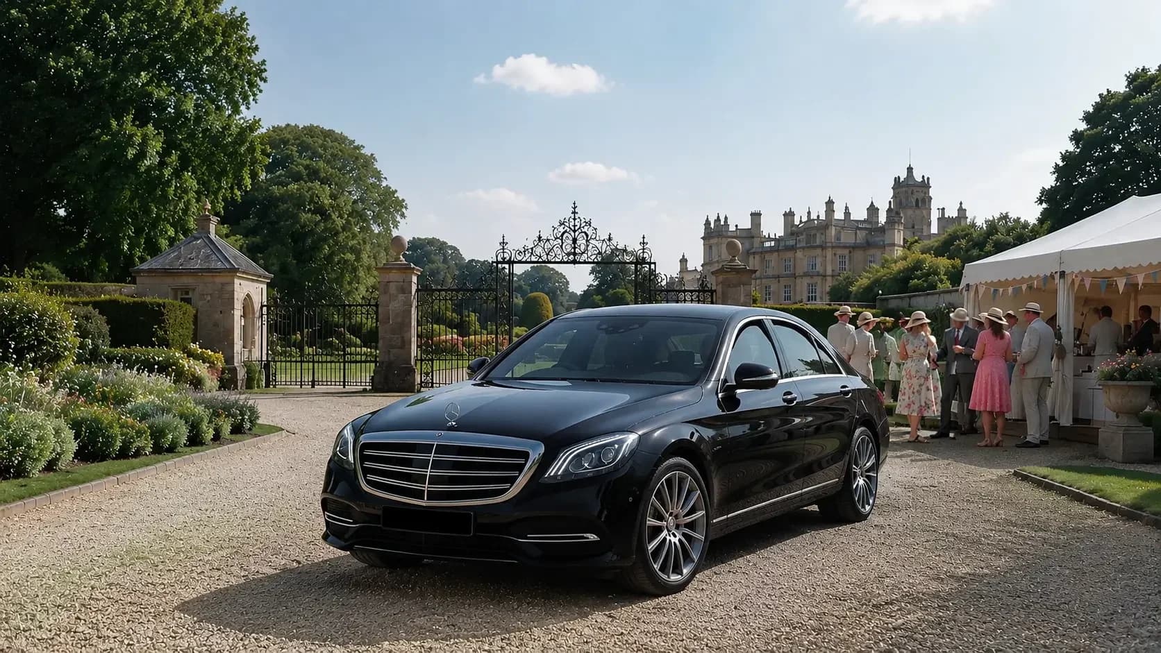 A black Mercedes-Benz S-Class on the gravel drive of a grand English estate, with a garden-party marquee and guests, at a prestigious British summer event
