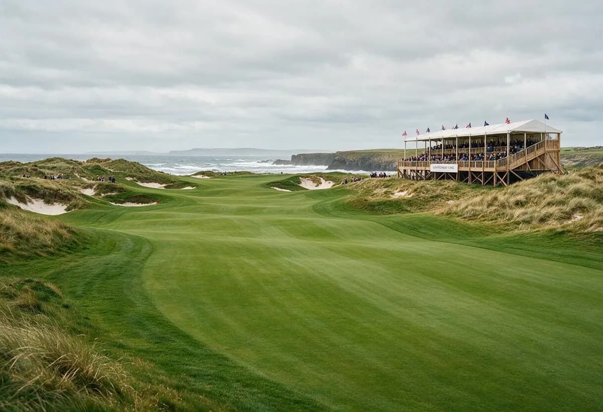 Coastal championship links golf course with a spectator grandstand under an overcast sky