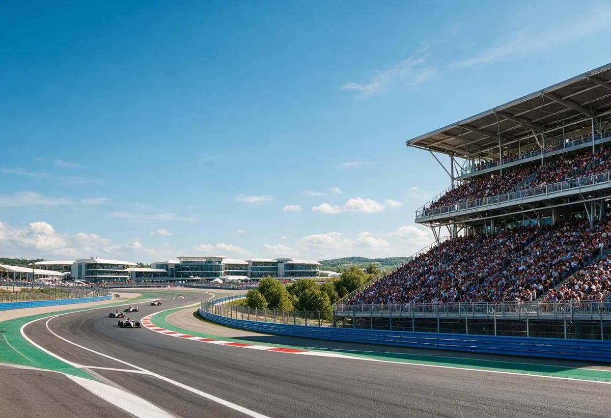 Racing cars on a motorsport circuit with packed grandstands on race day