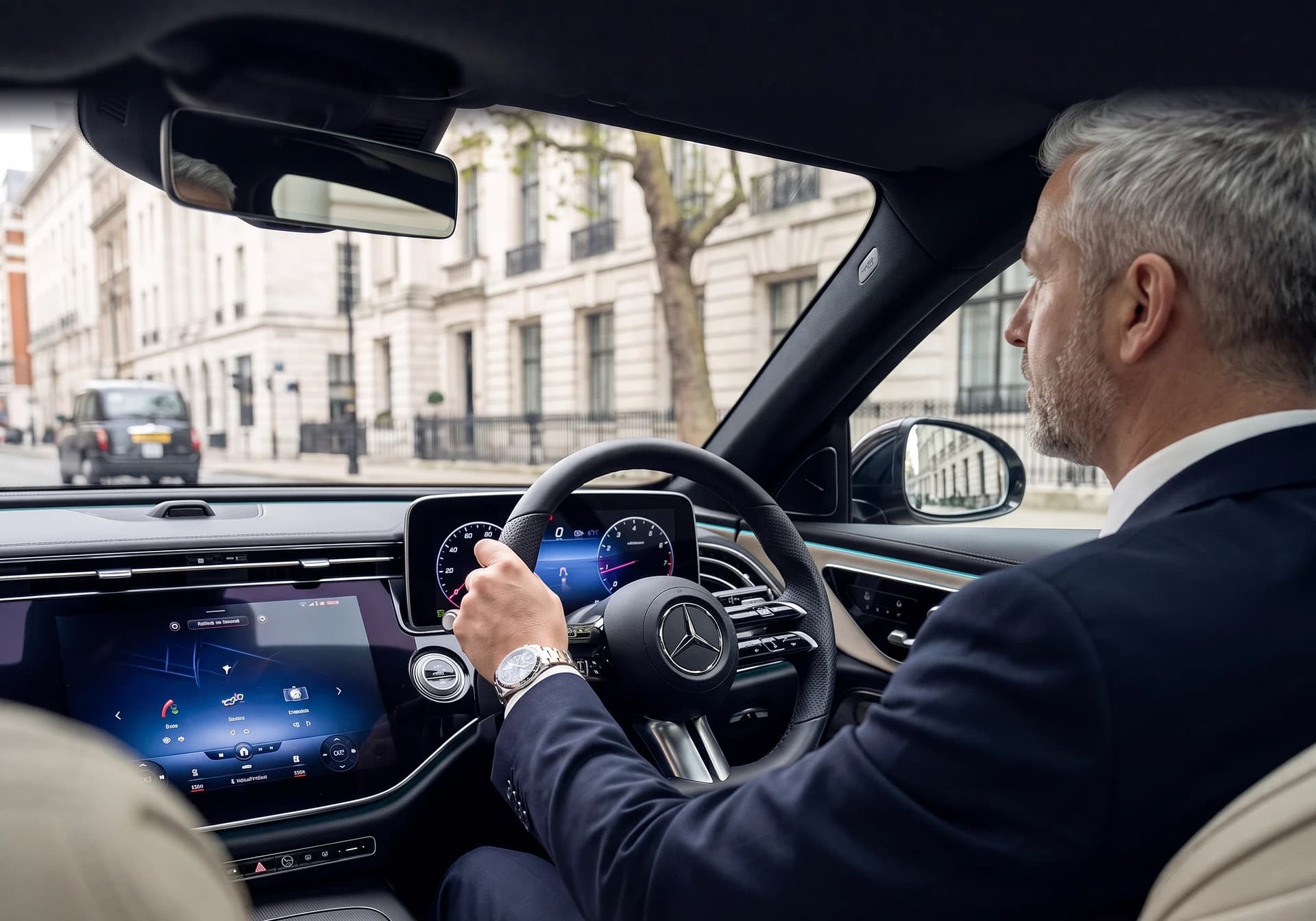 A chauffeur in a dark suit at the wheel of a current Mercedes-Benz E-Class on a London street
