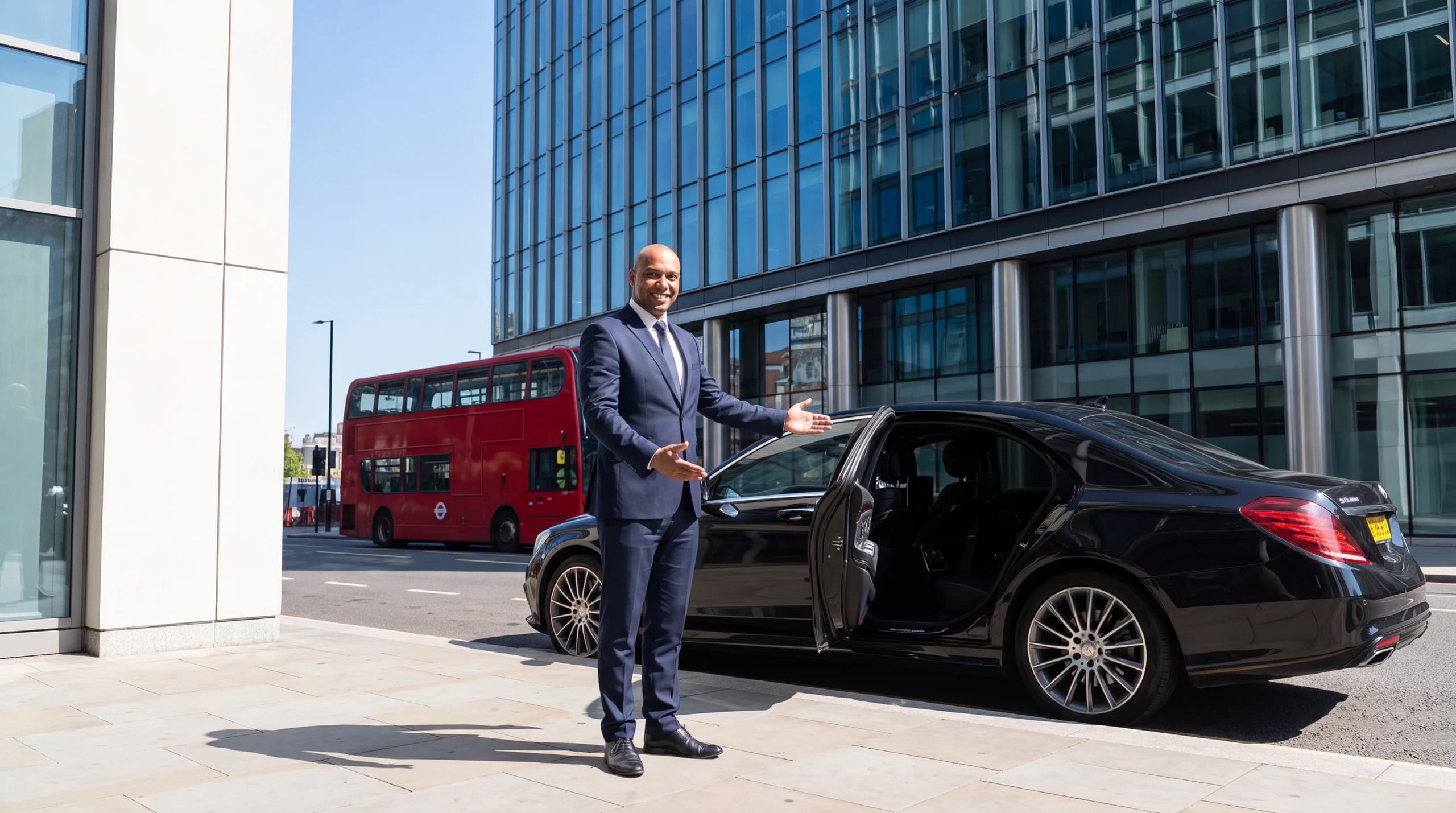 A smiling chauffeur in a navy suit gesturing a welcome to the open rear door of a black Mercedes-Benz S-Class outside a modern London office, a red London bus passing behind