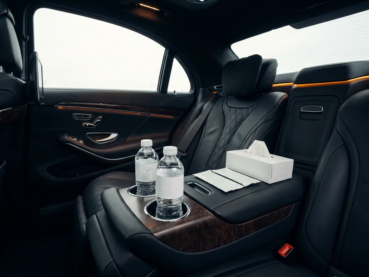Prepared black leather rear cabin with chilled water bottles in the wood cupholders, tissues, and wet wipes on the armrest