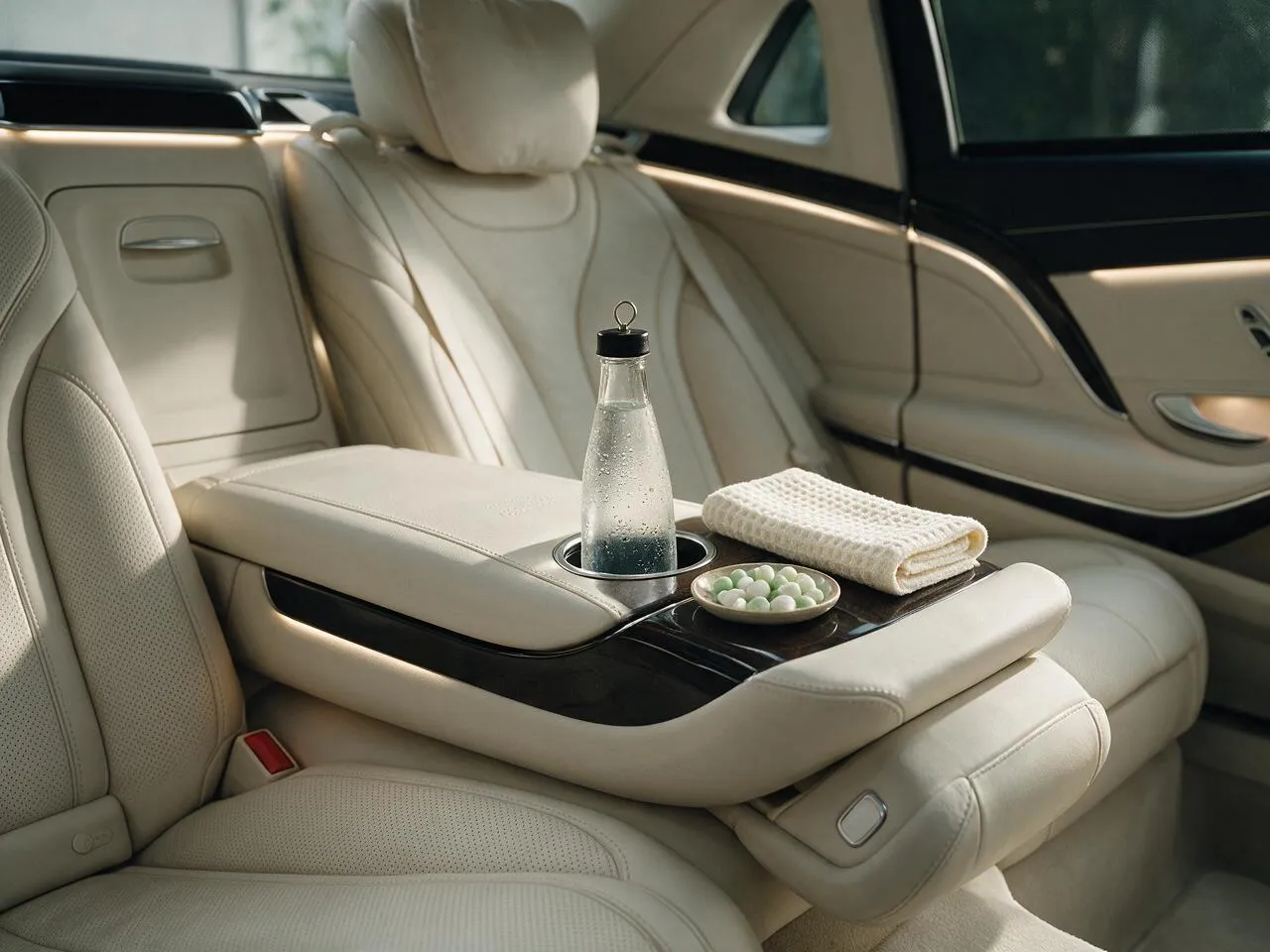 Prepared rear cabin of a luxury car with chilled water, towels, and mints