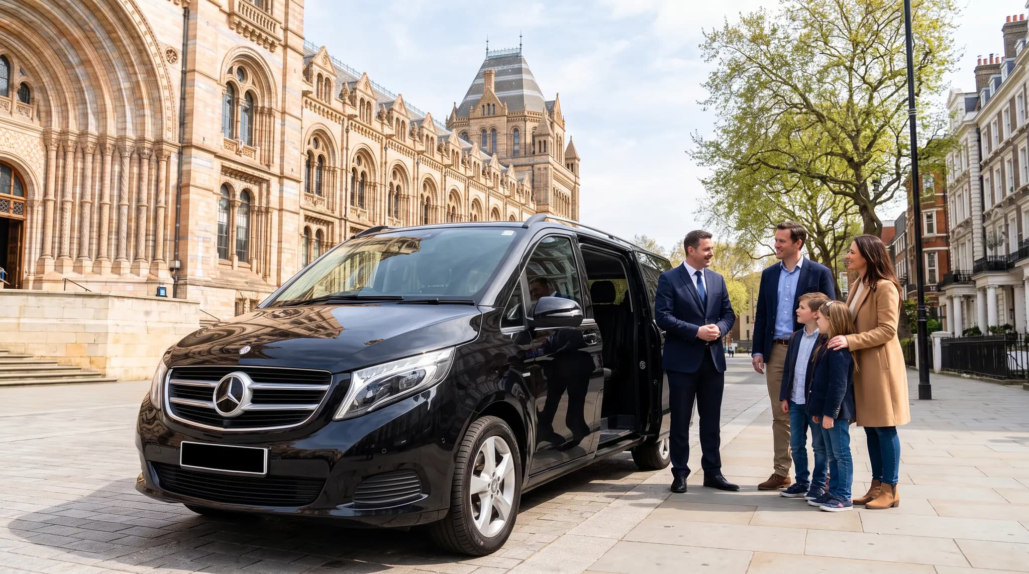 DRVSTAR chauffeur talking with a family of four beside a black Mercedes V-Class outside the Natural History Museum on a private London tour