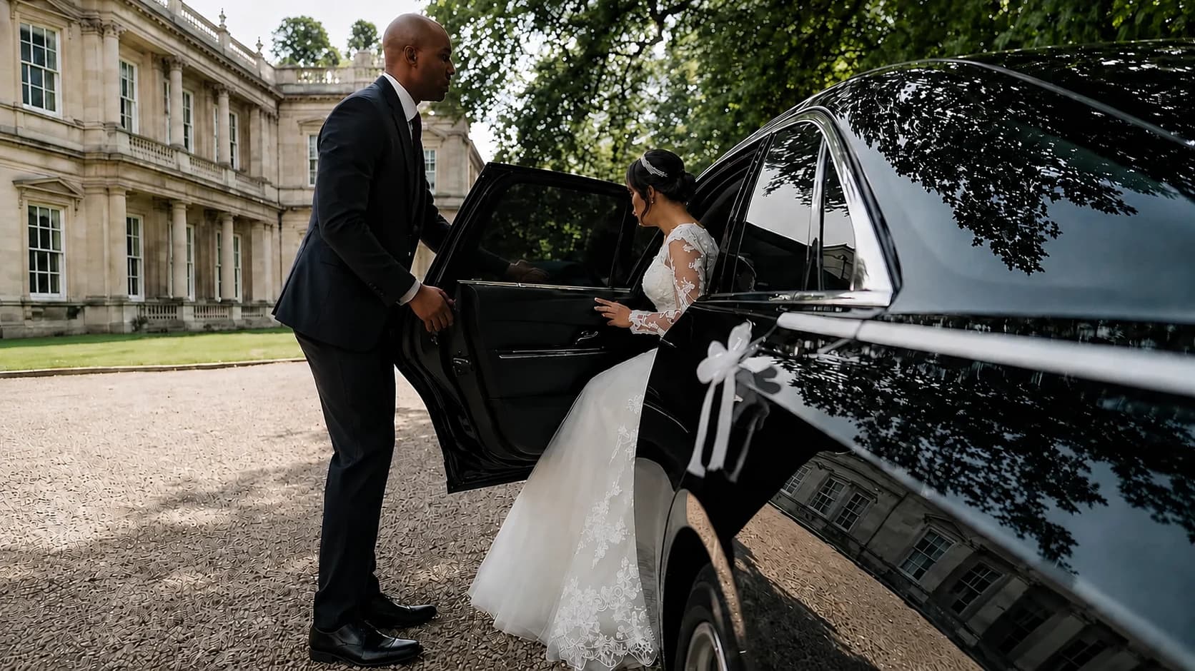 Chauffeur holding the door as a bride steps into a ribbon-decorated black wedding car at a stately house