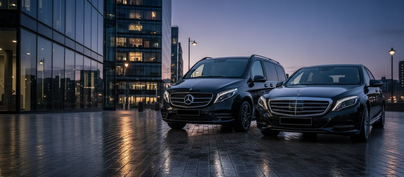 A black Mercedes-Benz V-Class and S-Class parked outside modern City of London offices at dusk