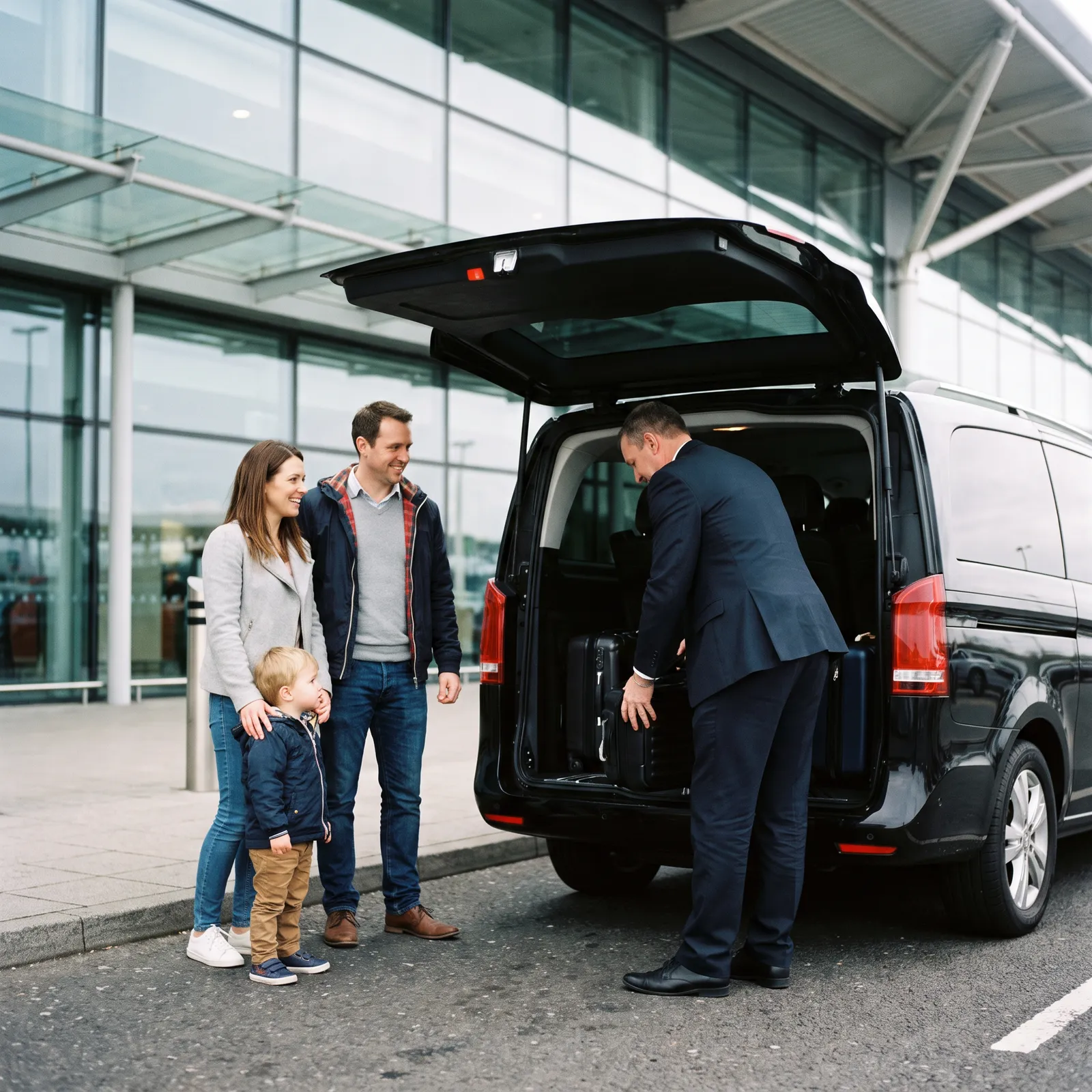 Family beside a Mercedes-Benz V-Class as a DRVSTAR chauffeur loads their luggage outside a Gatwick terminal