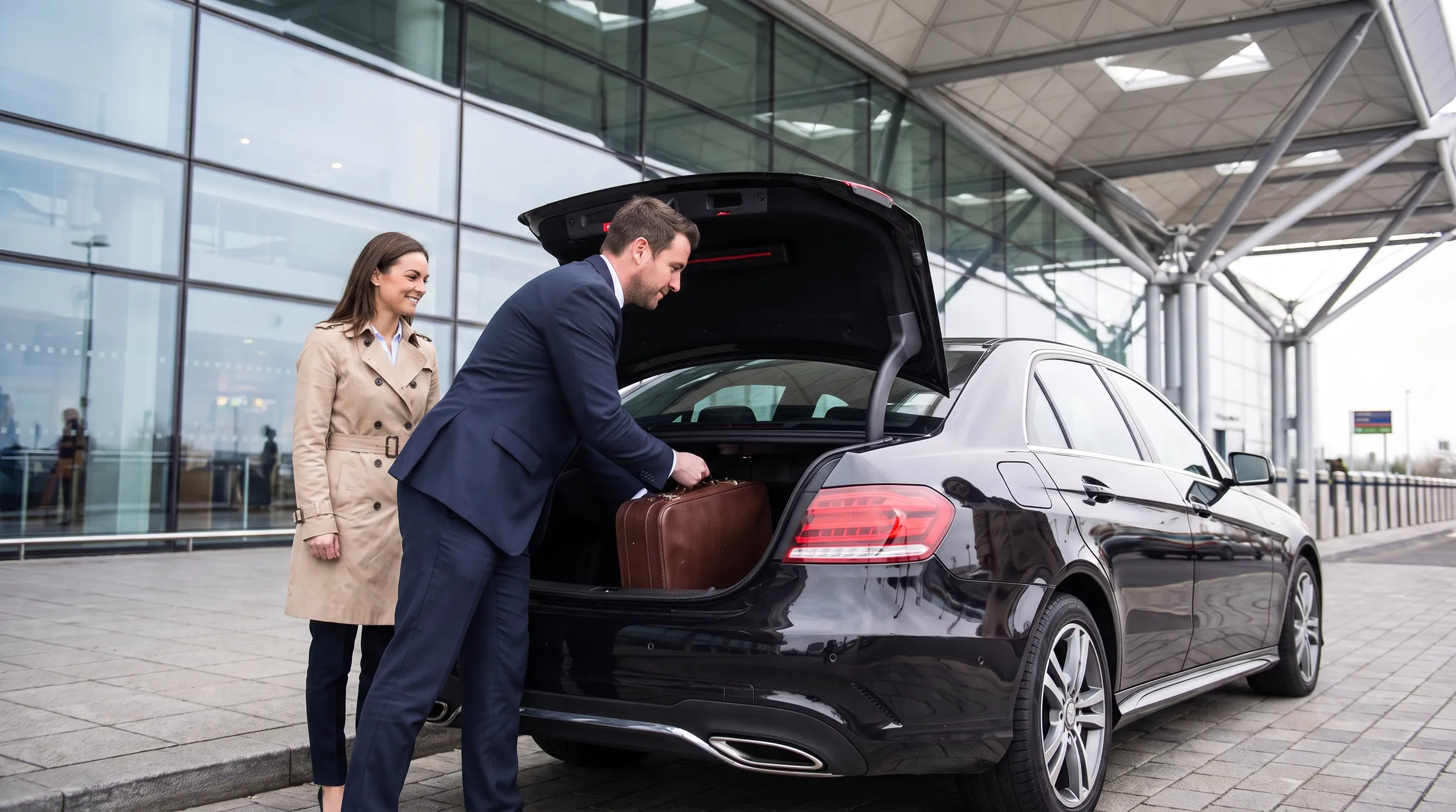 DRVSTAR chauffeur loading luggage into a car outside a Gatwick terminal as the traveller watches