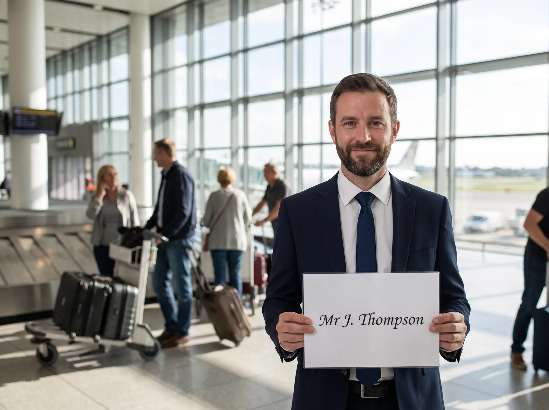 DRVSTAR chauffeur waiting with a nameboard in the Gatwick arrivals hall