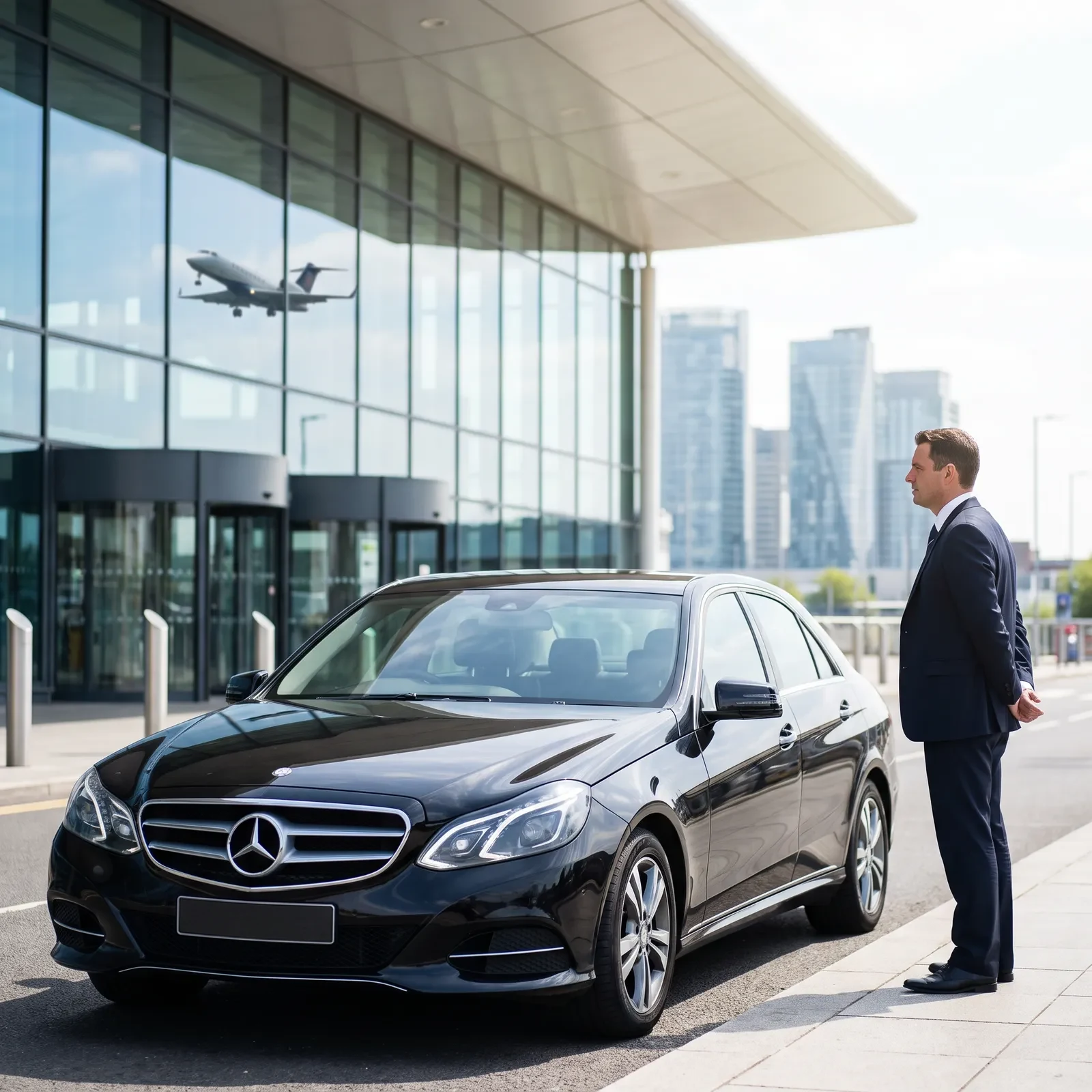 DRVSTAR chauffeur waiting beside the car outside London City Airport as a jet departs