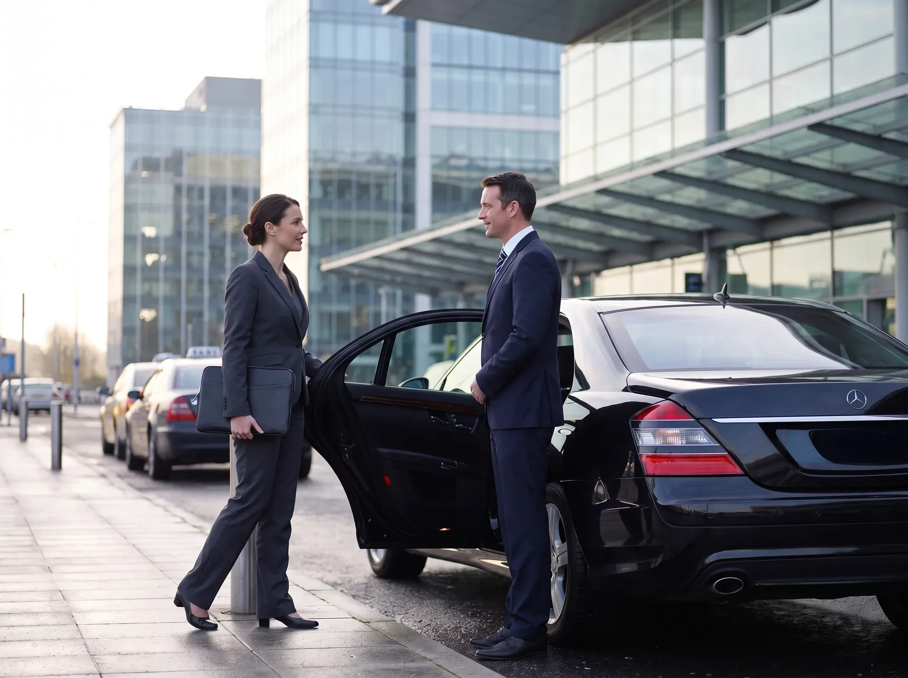DRVSTAR chauffeur holding the car door open for a business traveller outside London City Airport