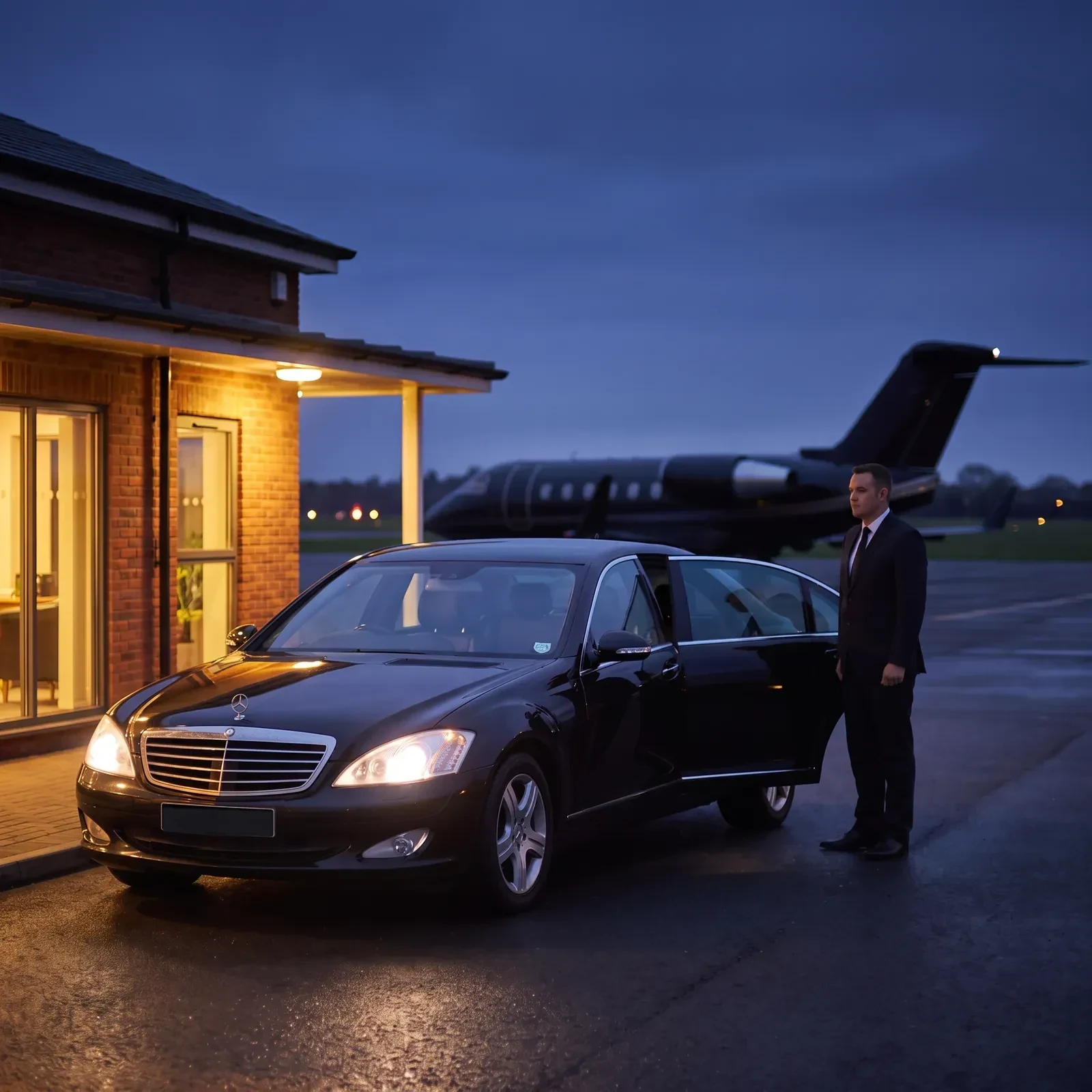 DRVSTAR chauffeur waiting beside the car at a Luton private aviation terminal at dusk