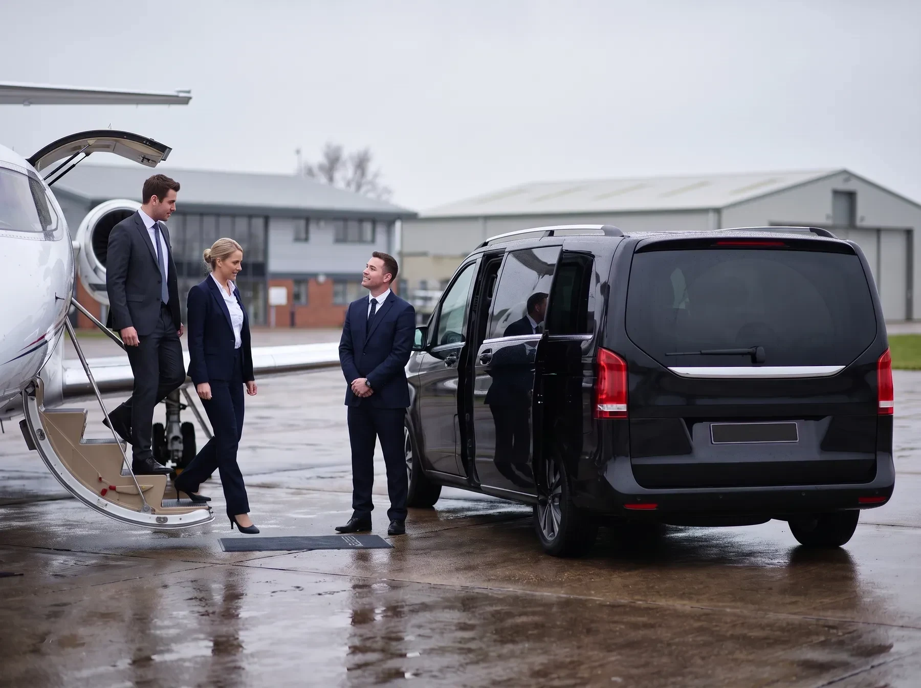 Travellers stepping off a private jet at Luton as a DRVSTAR chauffeur waits with the car