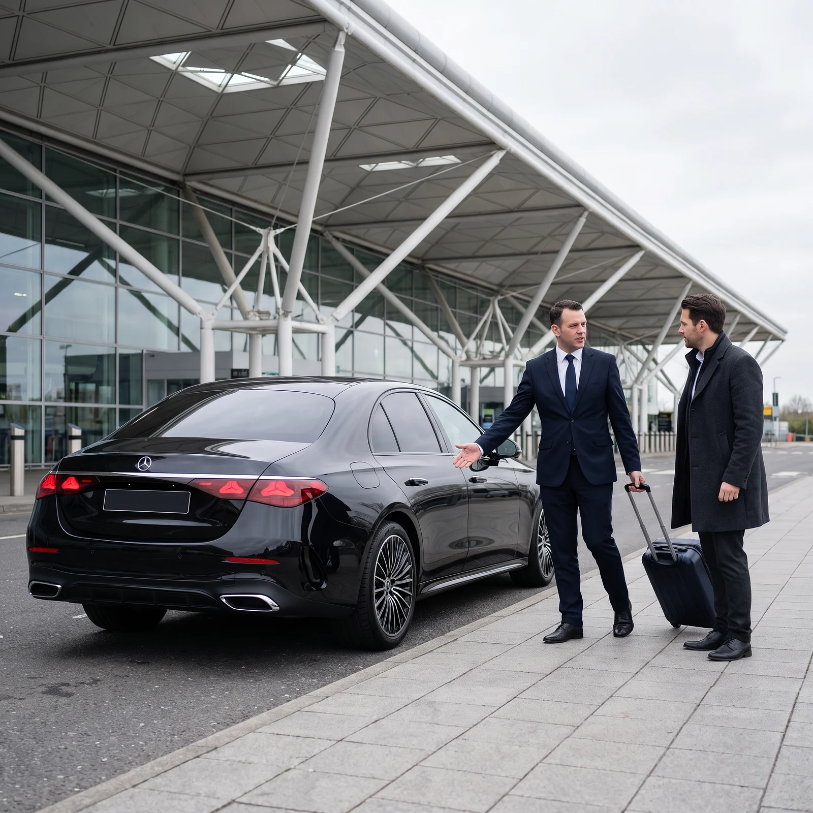 DRVSTAR chauffeur walking an arriving traveller to a black Mercedes-Benz outside the Stansted terminal