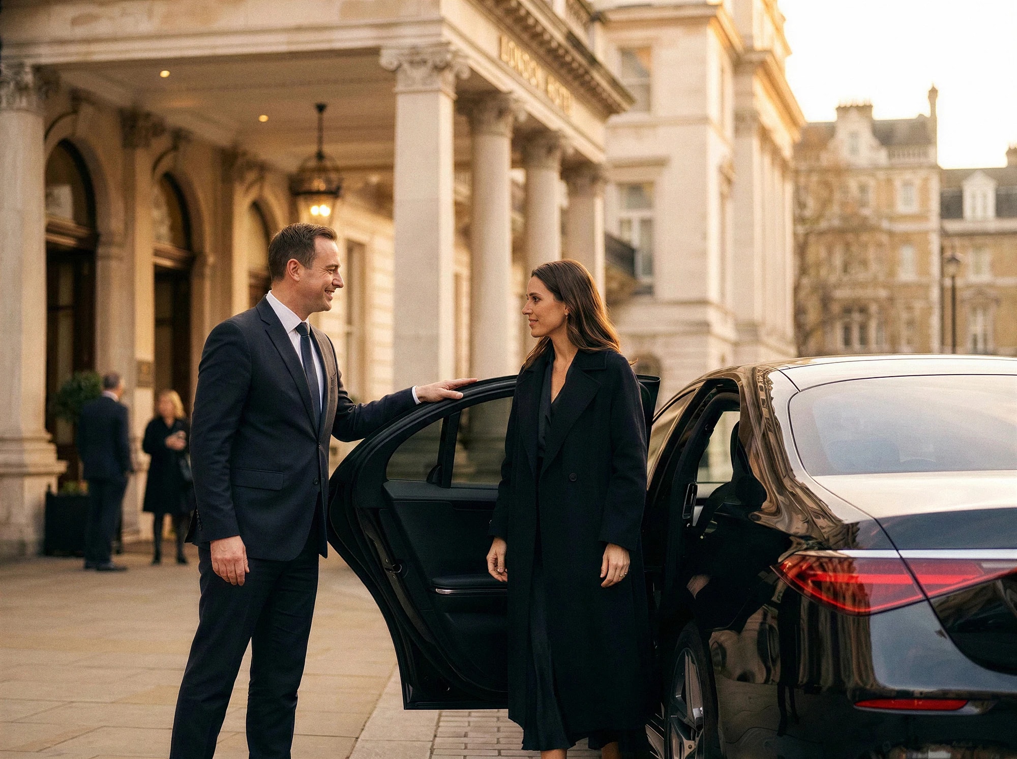 A smiling DRVSTAR chauffeur holding the rear door open for a guest outside a London hotel