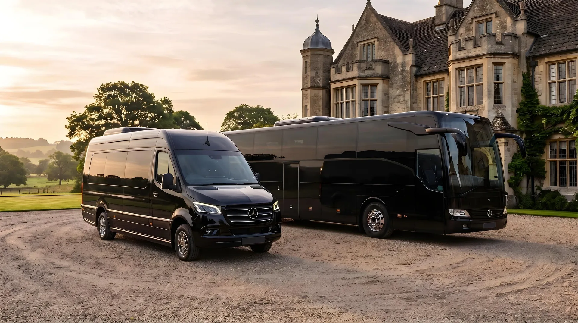 A black executive coach and Mercedes-Benz Sprinter minibus on the forecourt of a British country estate at golden hour