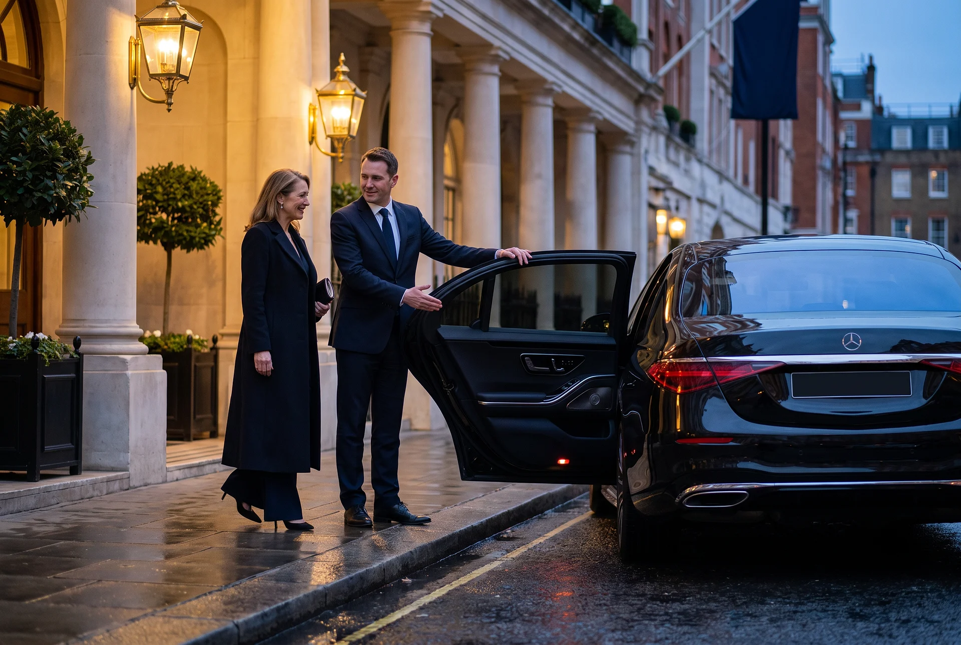 A DRVSTAR chauffeur holding the rear door of an S-Class open for a guest outside a Mayfair hotel at dusk