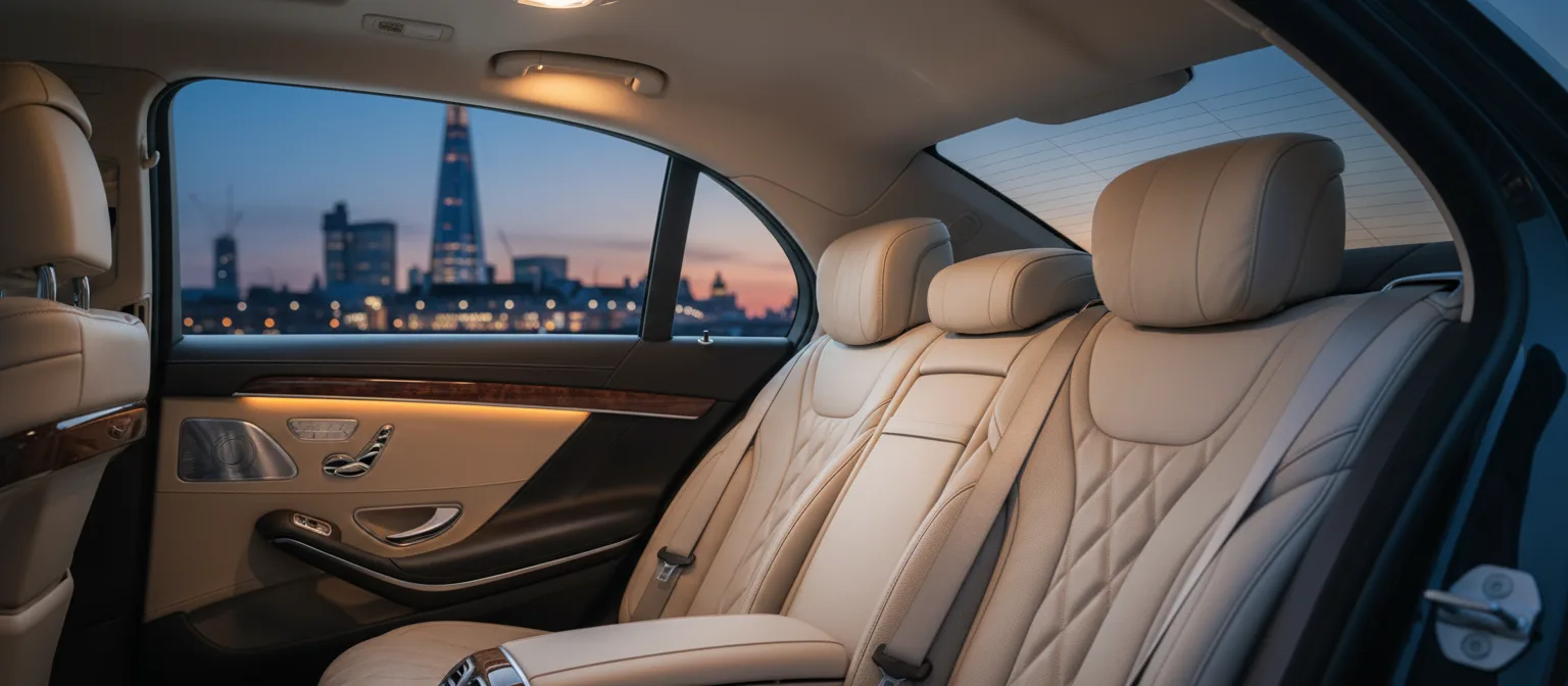 The beige leather rear cabin of a Mercedes-Benz S-Class seen through its open door, the London skyline behind at dusk