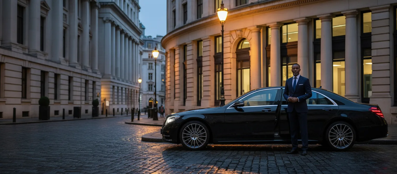 A chauffeur in a dark suit standing by the open rear door of a black Mercedes-Benz S-Class on a City of London street at dusk