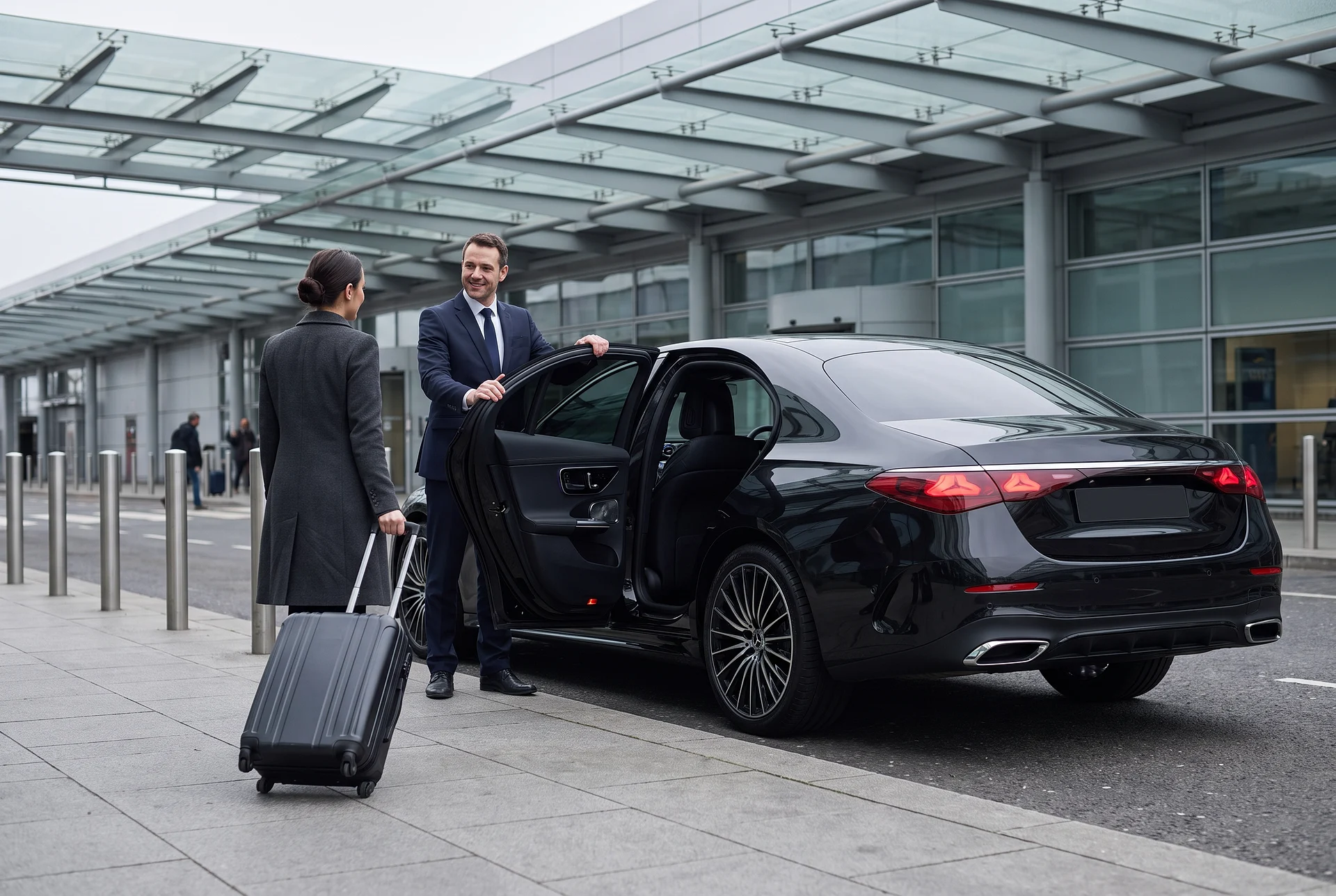 Chauffeur in a dark suit standing behind the open rear door of a black Mercedes E-Class as an arriving traveller with a suitcase approaches outside the terminal