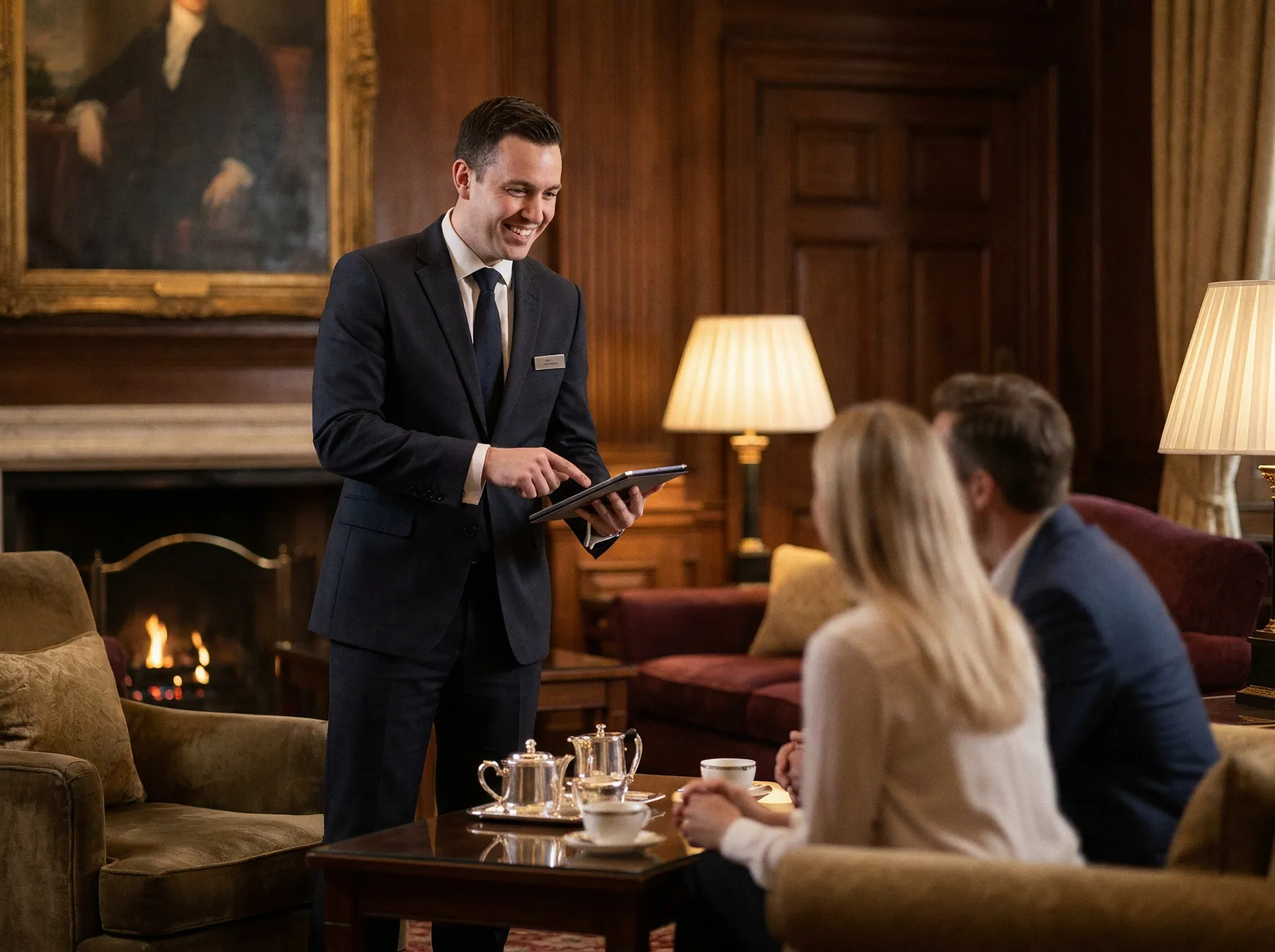 A concierge reviewing a client's arrangements on a phone in a refined London hotel lounge
