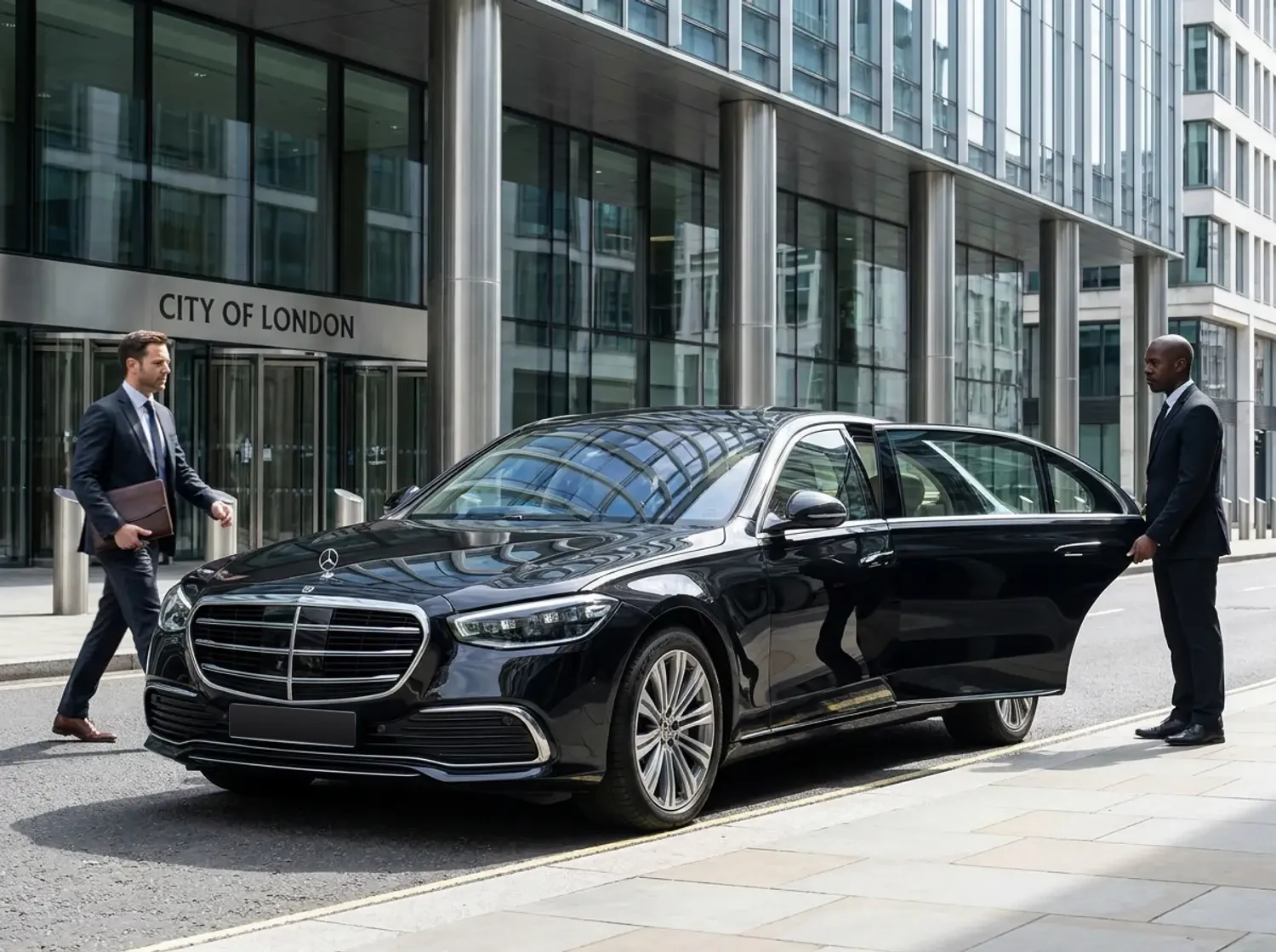 A black Mercedes-Benz executive car waiting outside a City of London office between meetings
